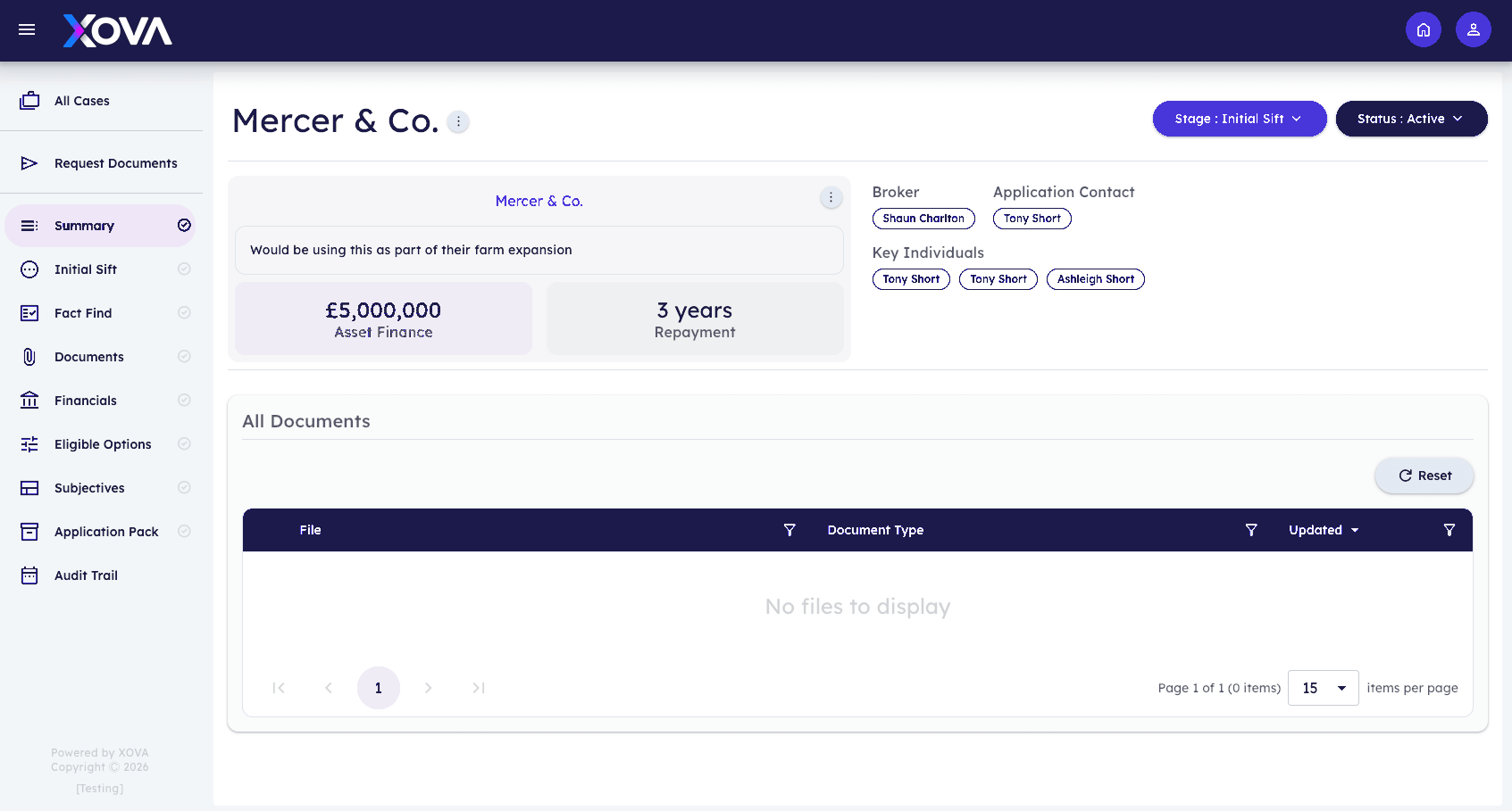 Xova case summary showing application details and the document area
