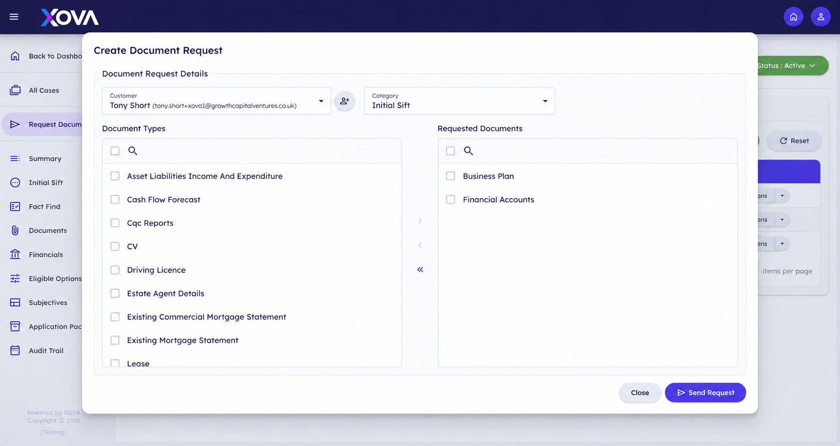 Xova Create Document Request window for choosing and sending requested documents