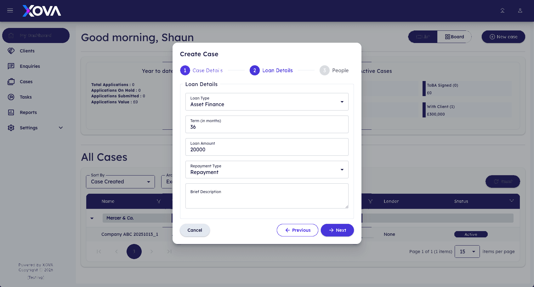 Xova Create Case step two with loan type, term and amount