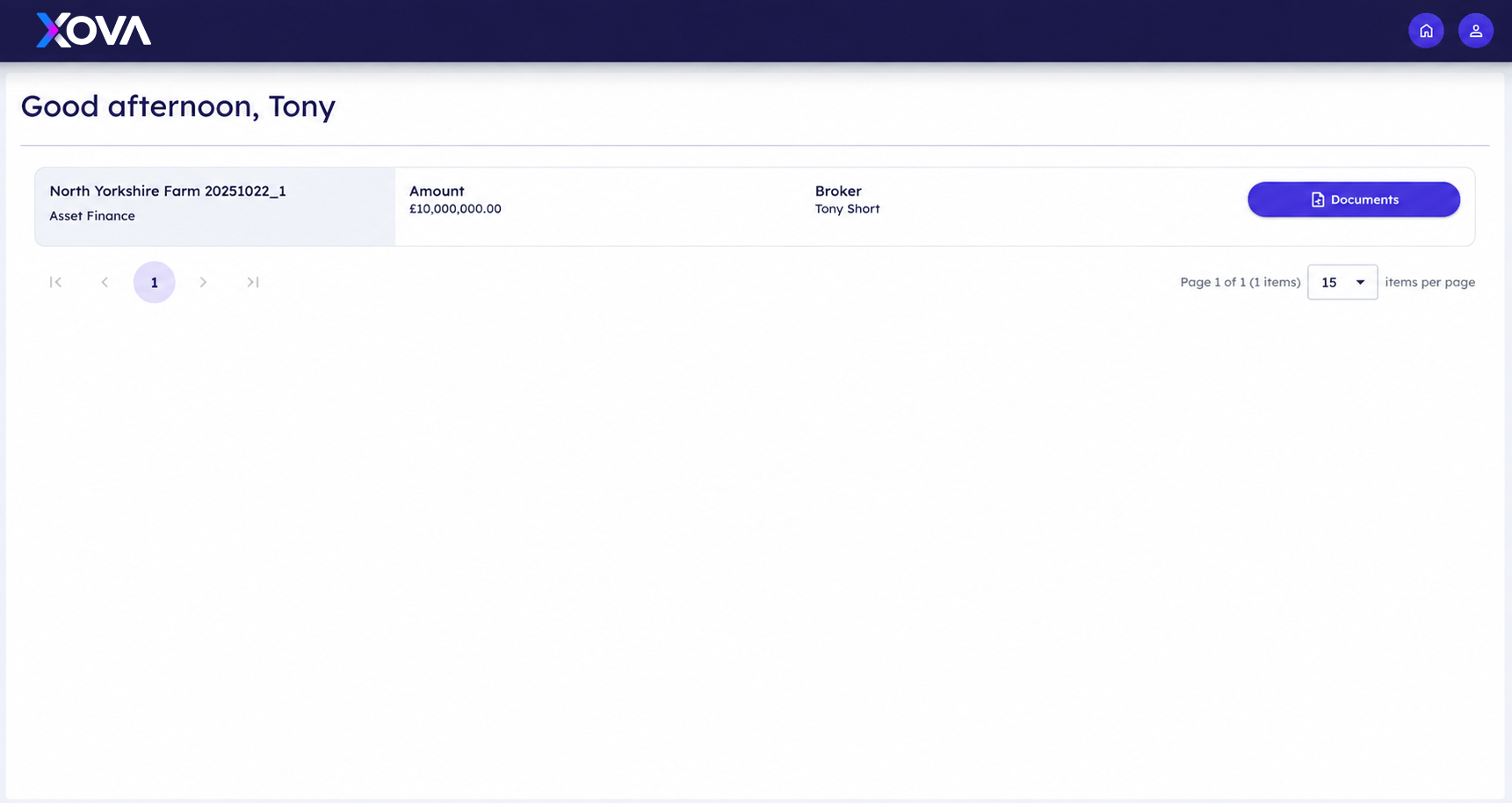 Xova client portal overview showing an active finance application