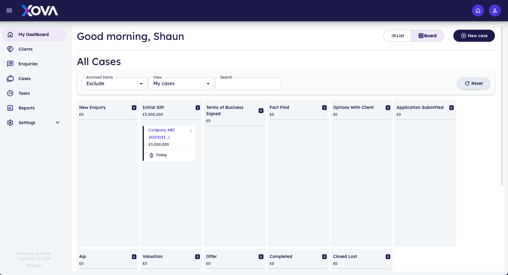 Xova dashboard board view showing cases arranged by workflow stage