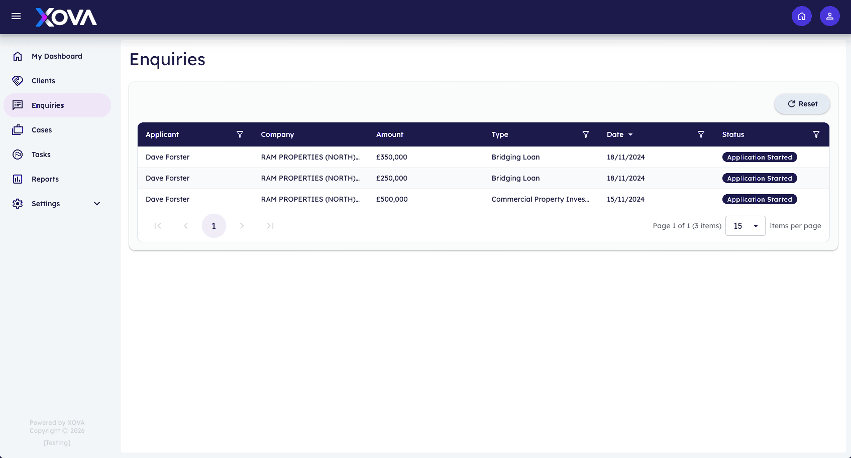 Xova Enquiries screen showing active applications in the workflow