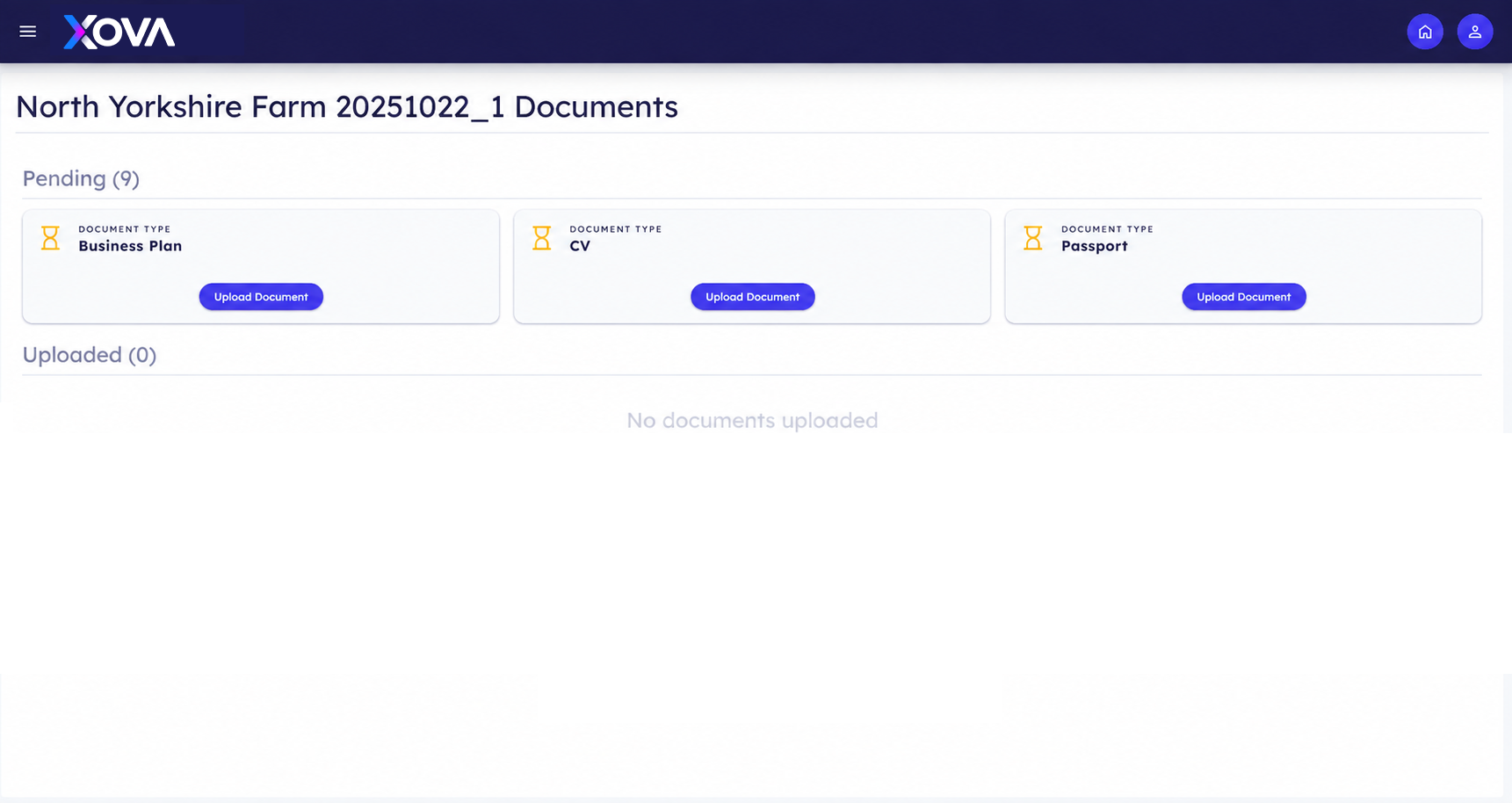 Xova client portal documents screen showing pending document uploads