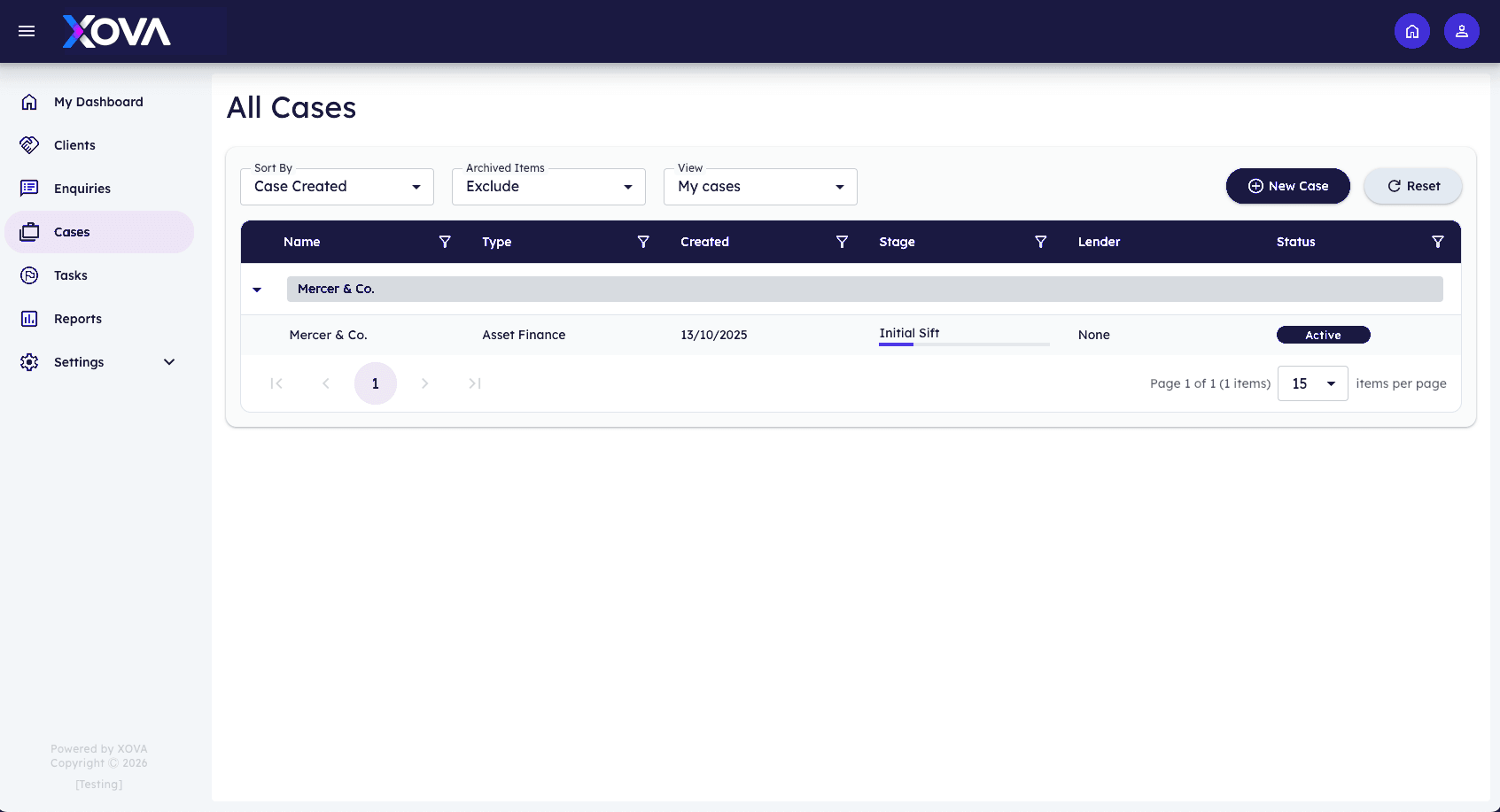 Xova All Cases screen showing workflow filters, stage and case status