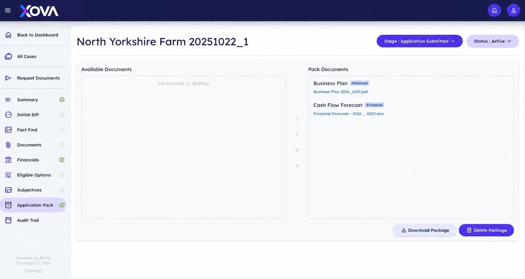 Xova Application Pack screen showing available and selected pack documents