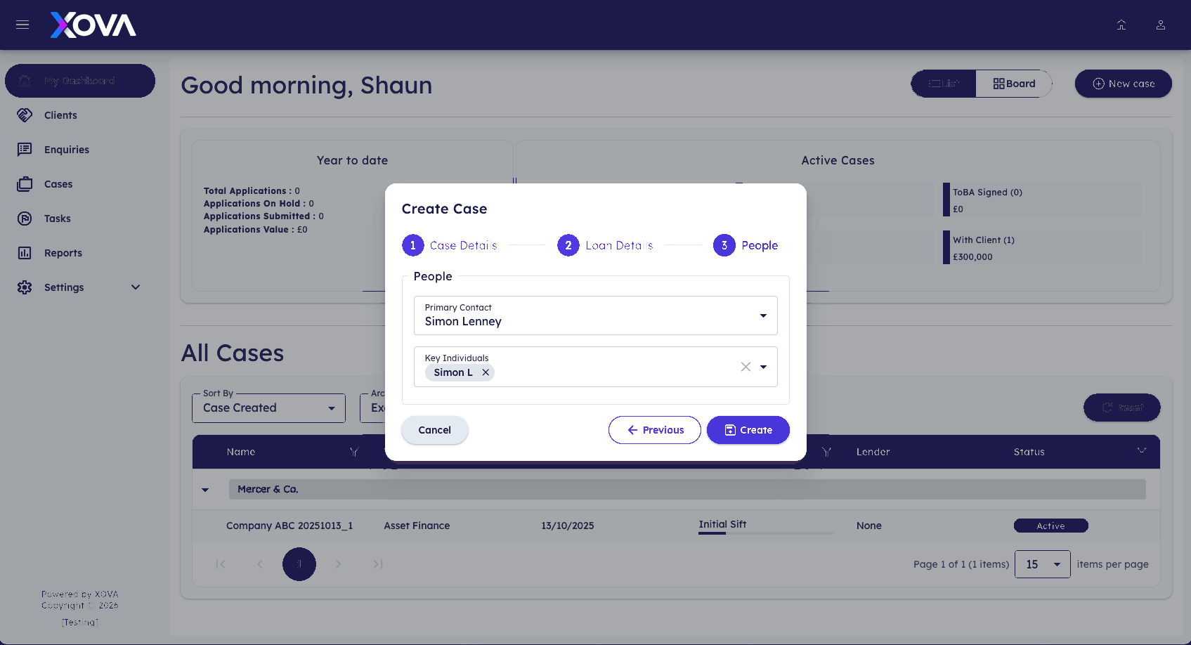 Xova Create Case step three for selecting contacts and key individuals
